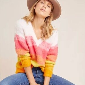 Anthropologie XS Simone Sweater ~ Striped Rainbow Plush Wool Alpaca